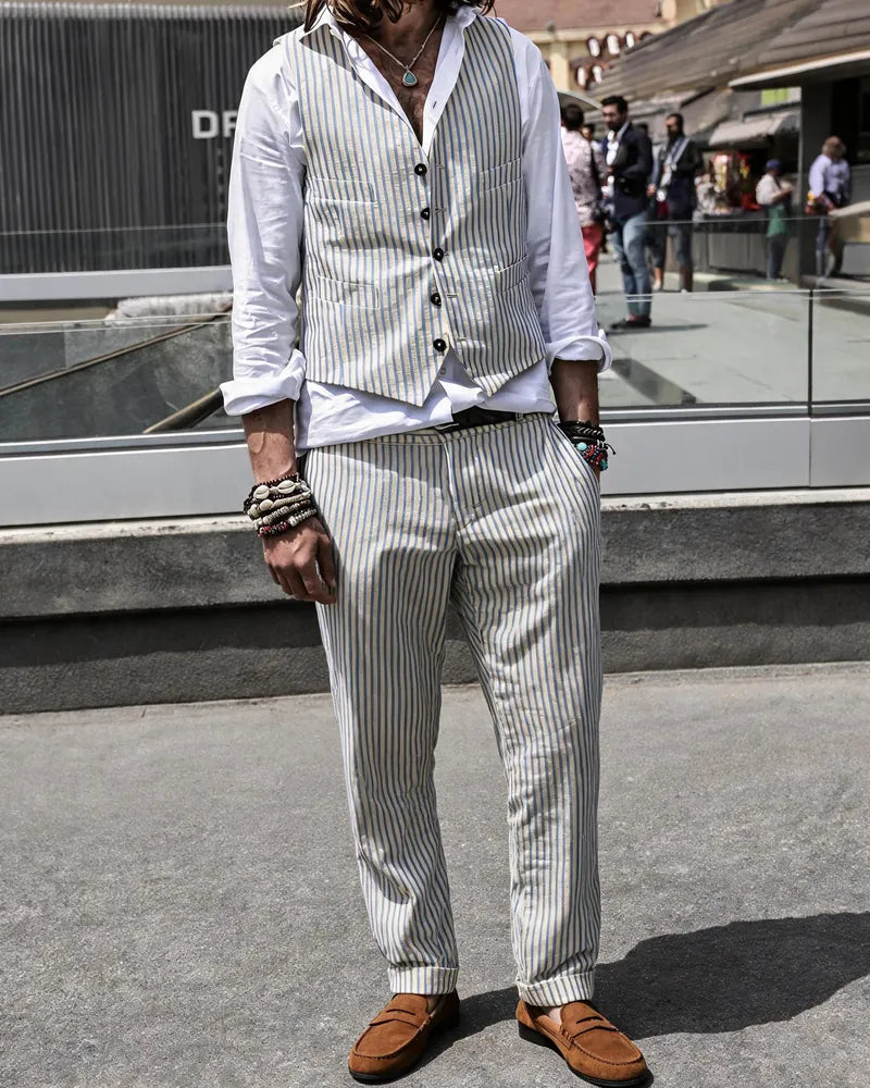 Vintage Blue Cream Vertical Stripe Tapered Casual Trousers