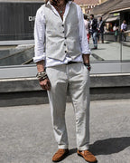 Vintage Blue Cream Vertical Stripe Tapered Casual Trousers