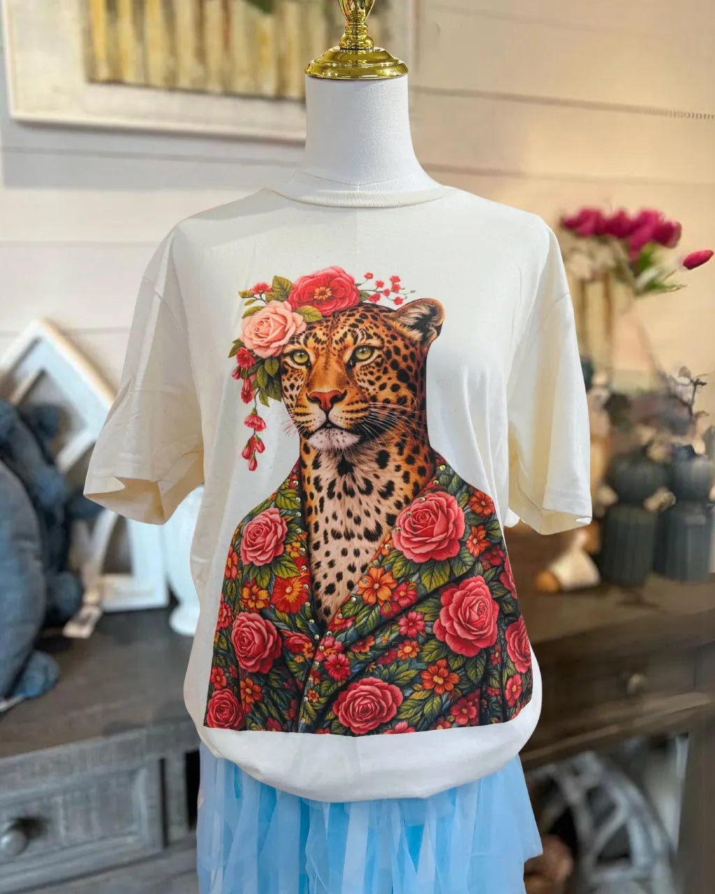 Unique Floral Leopard Studded T-shirt