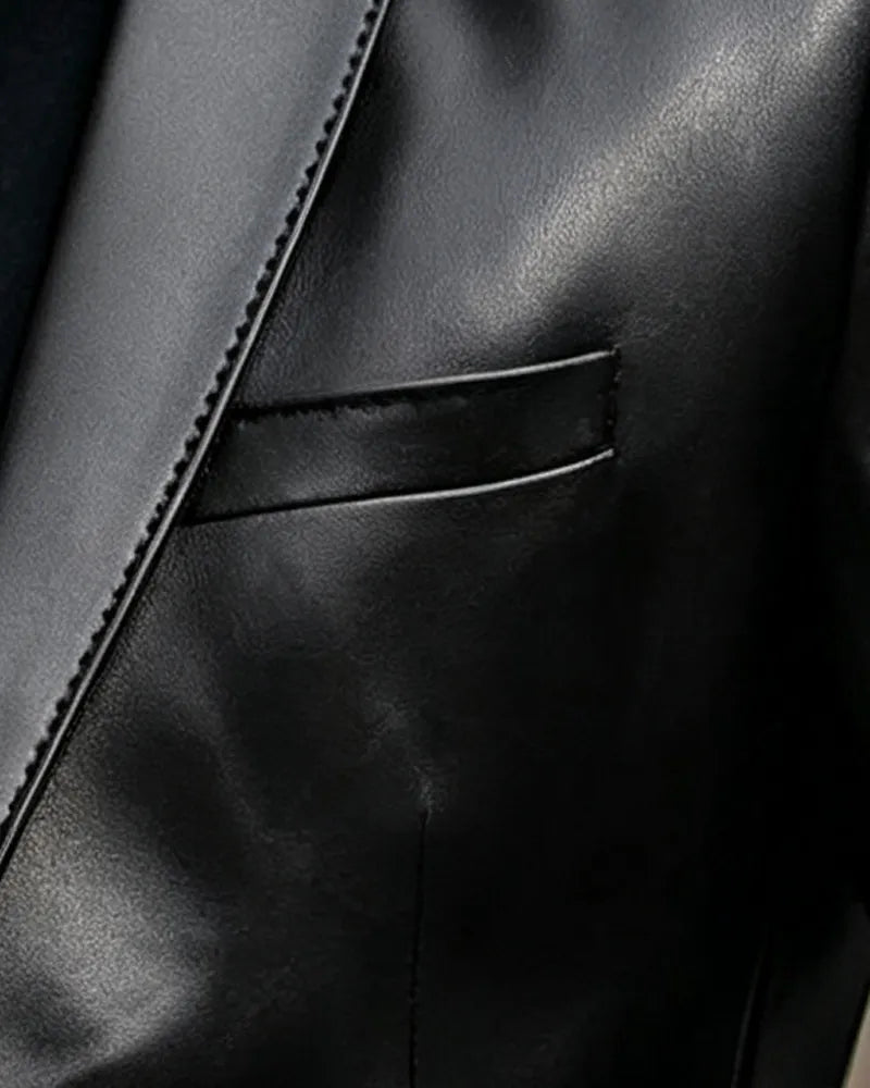 Retro Slim Fit Black PU Leather Blazer