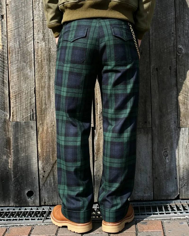 Vintage Blue-green Plaid Straight-leg Pants