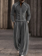 Fashion Contrast Stripe Mock Neck Matching Set