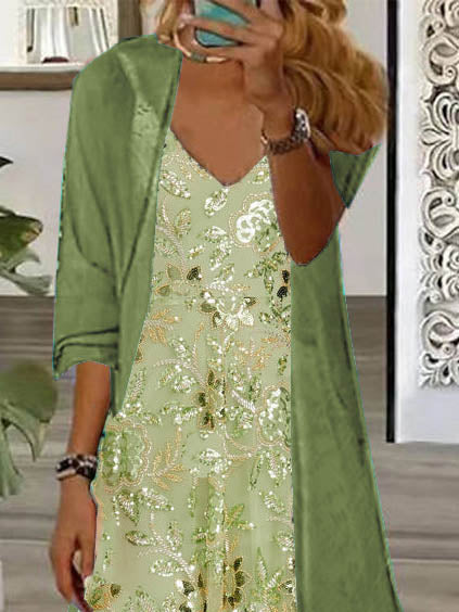 Nextmacys-Women's Long Sleeve V-neck Floral Printed Two Pieces Maxi Dress