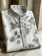 Vintage Japanese Pine Art Pattern Linen Blend Shirt