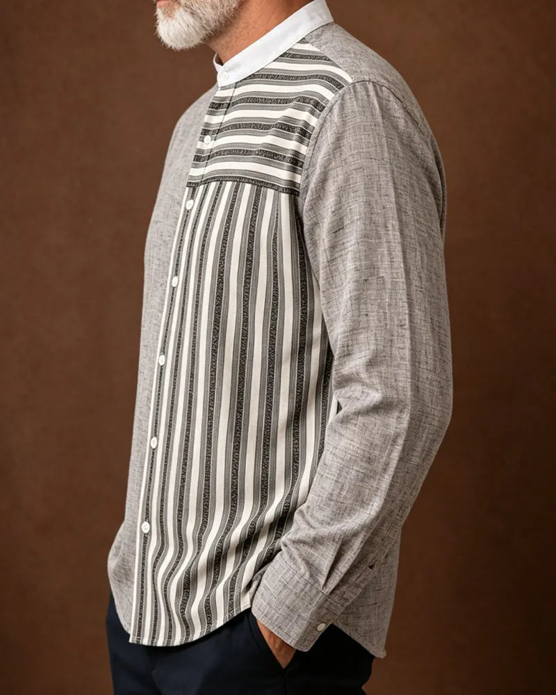 Vintage Asymmetrical Spliced Stripe Stand Collar Long Sleeve Shirt