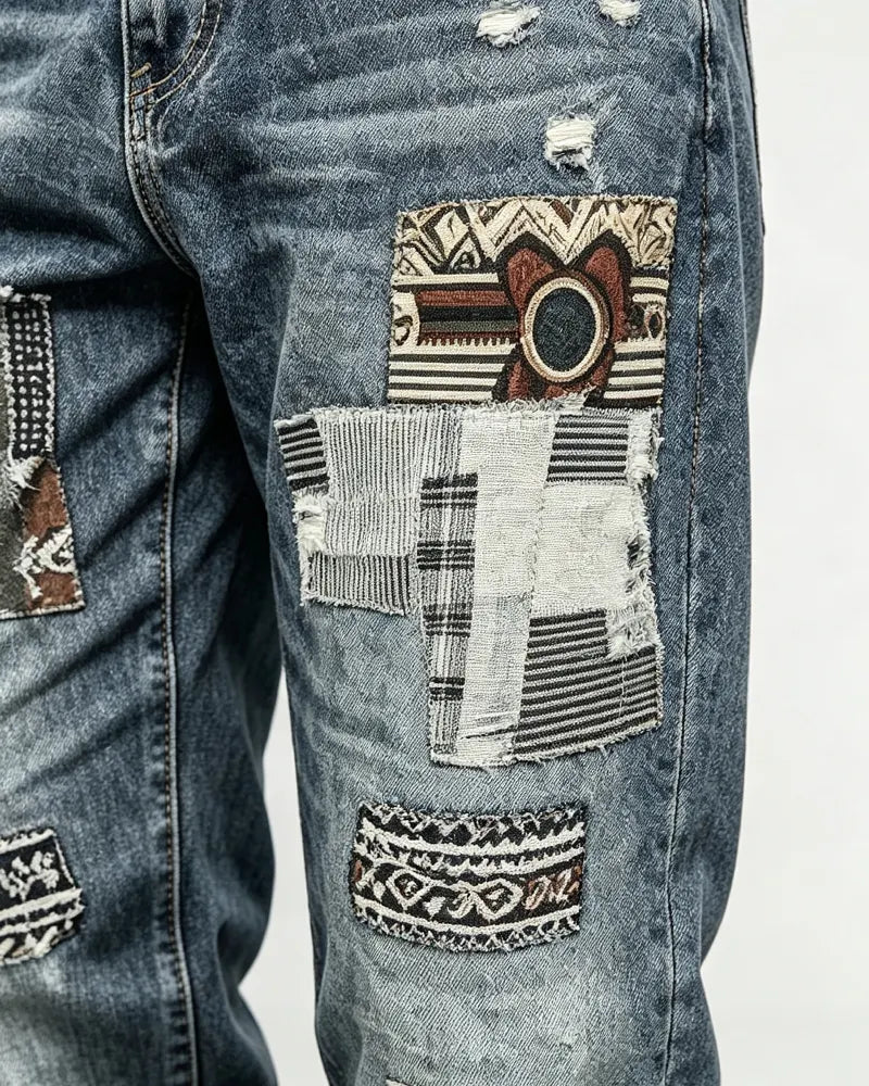 Vintage Medium©\Blue Ethnic©\Print  Artisan Distressed Denim Jeans