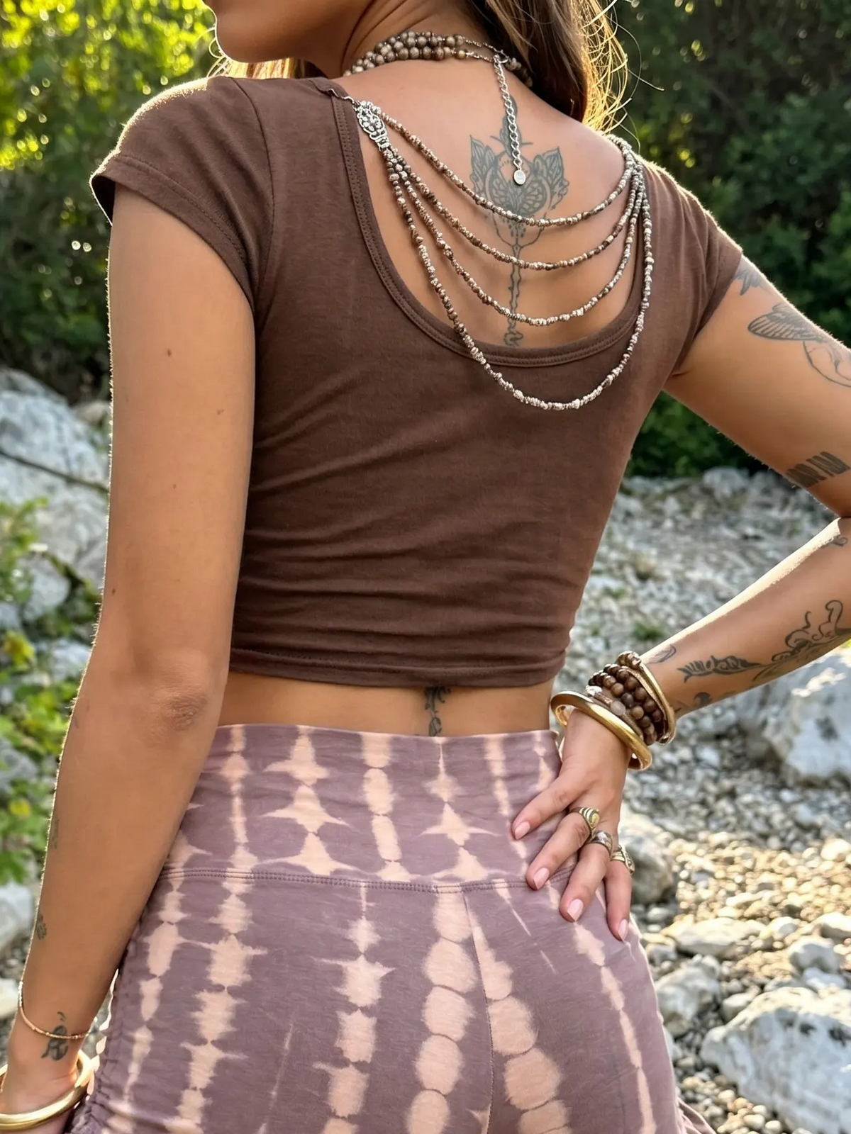 Double U-Neck Cropped Short Sleeve Top with Daring Open Back
