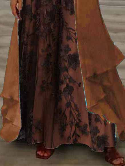 Women's Long Sleeve V-neck Floral Printed Two Pieces Maxi Dress