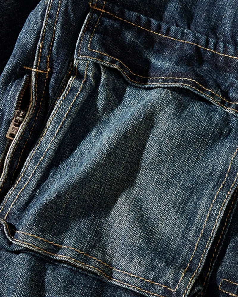 Vintage Asymmetric Canvas Patch Pocket Utilitarian Denim Jacket