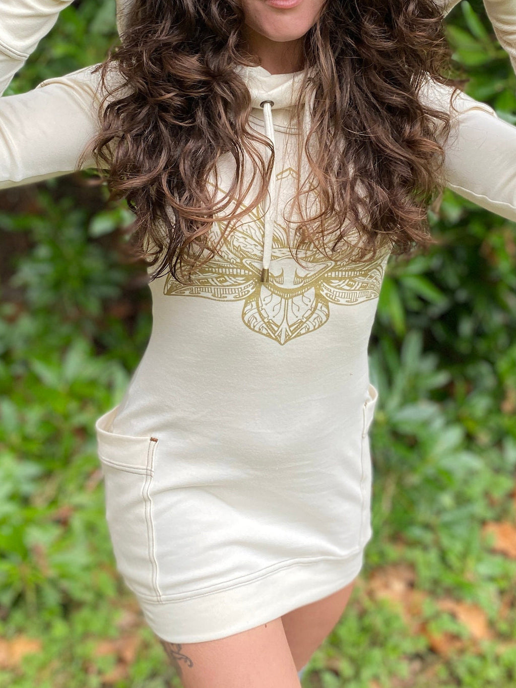 The Lotus - Portal Dress / Cotton Natural Cowl Hooded Dress with Pockets/ Sacred Geometry
