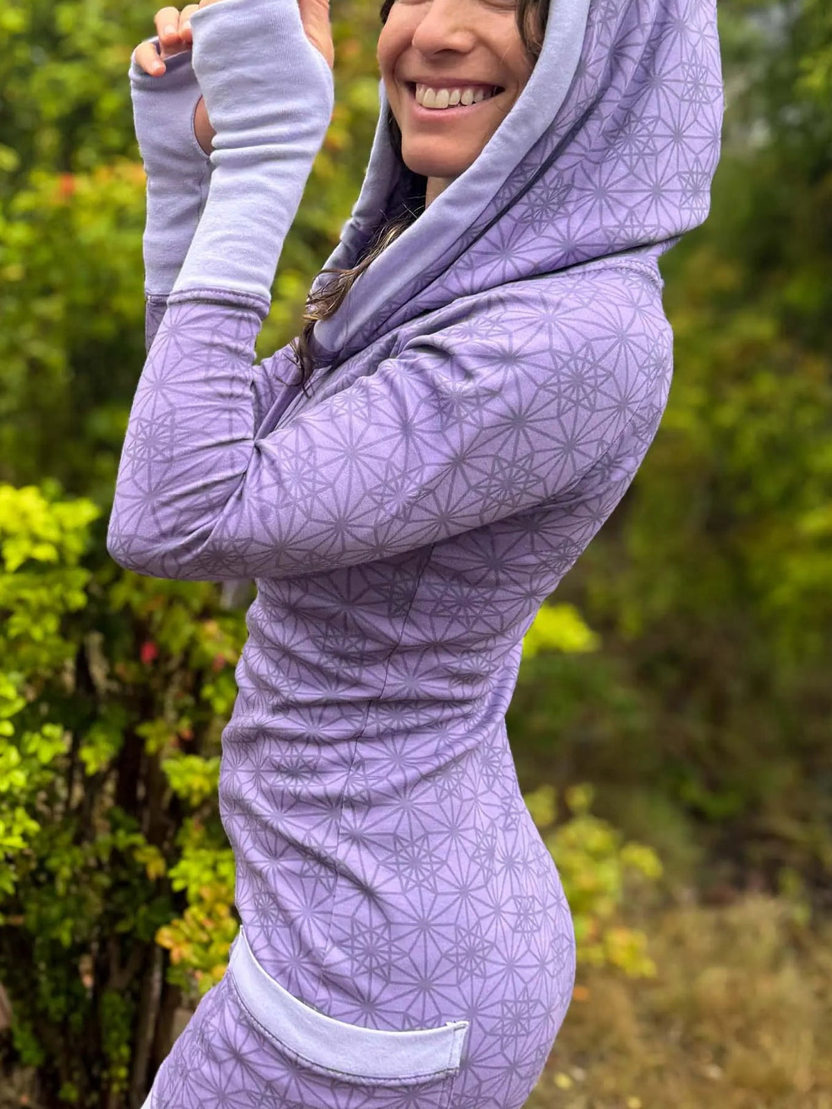 Fitted Sacred Geometry Cowl Hood Long Sleeve Mini Dress with Pockets and Thumbhole Cuffs