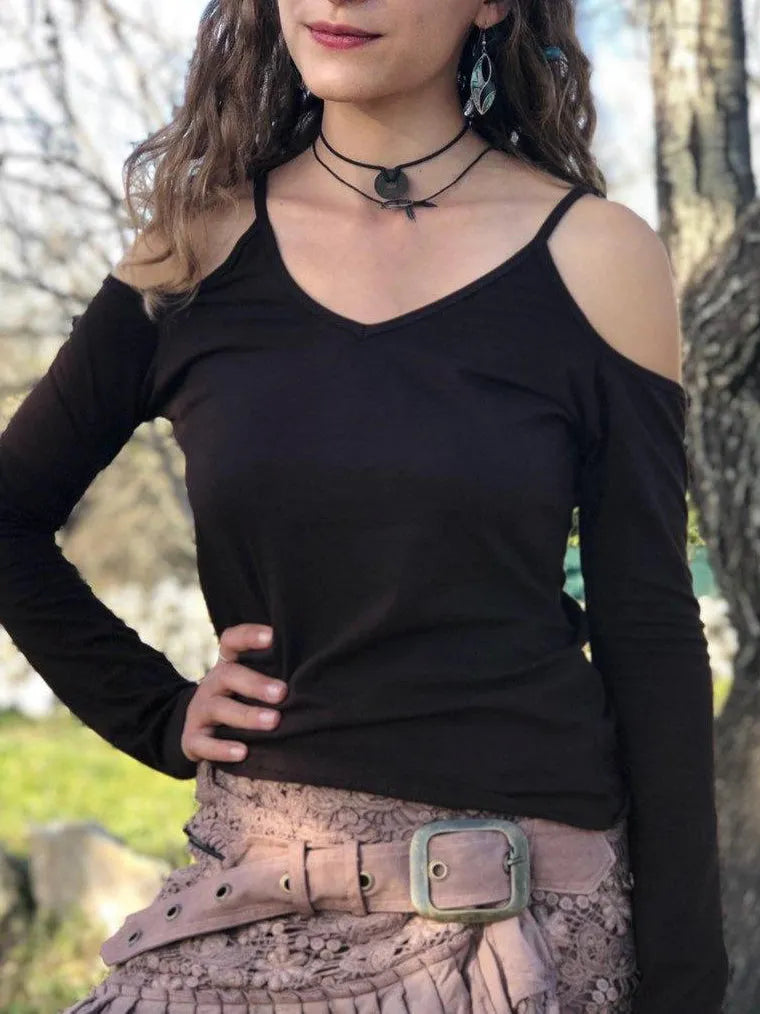 Cut Out Shoulder Top: Bohemian Long Sleeve Blouse, Elven Fairy Clothing