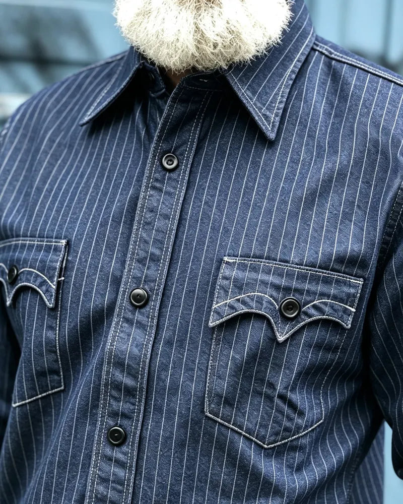Vintage Indigo Striped Western-style Denim Shirt