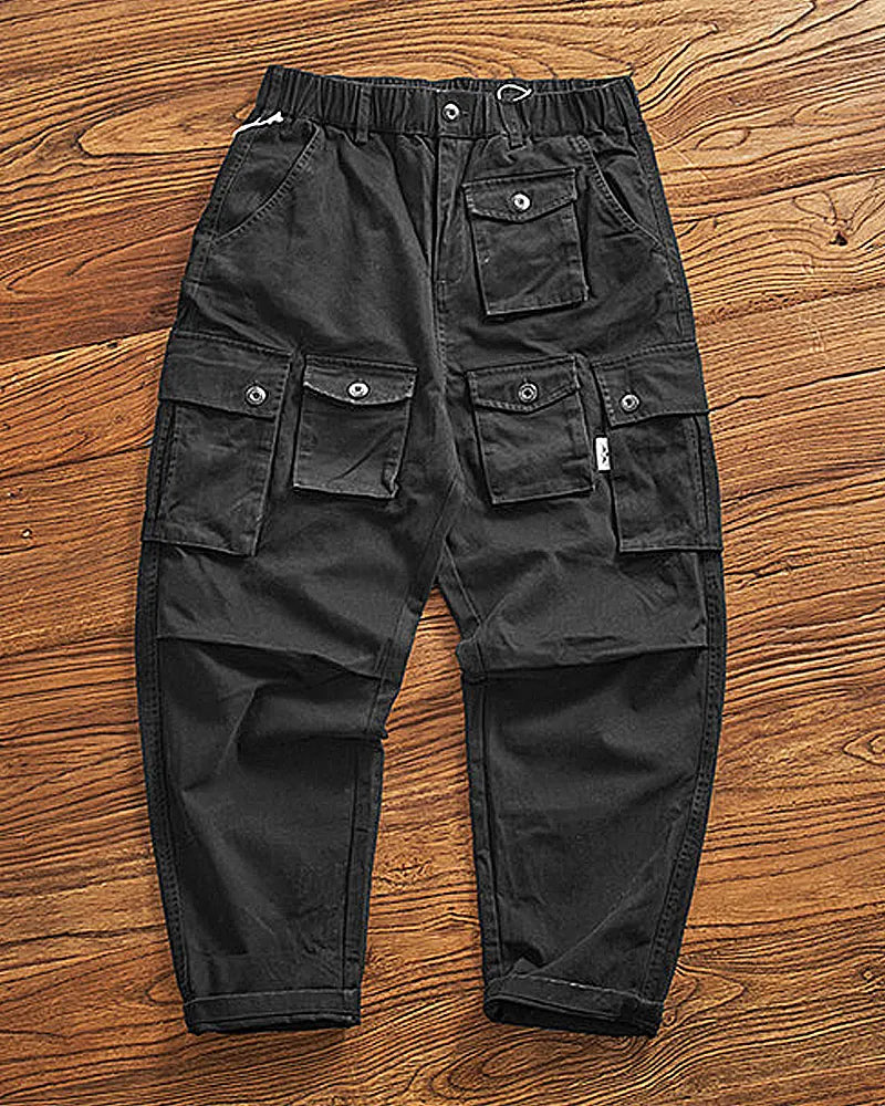 Vintage Washed Black Multi Flap Pocket Wide Leg Military Utilitarian Cargo Pants