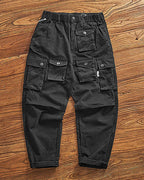 Vintage Washed Black Multi Flap Pocket Wide Leg Military Utilitarian Cargo Pants