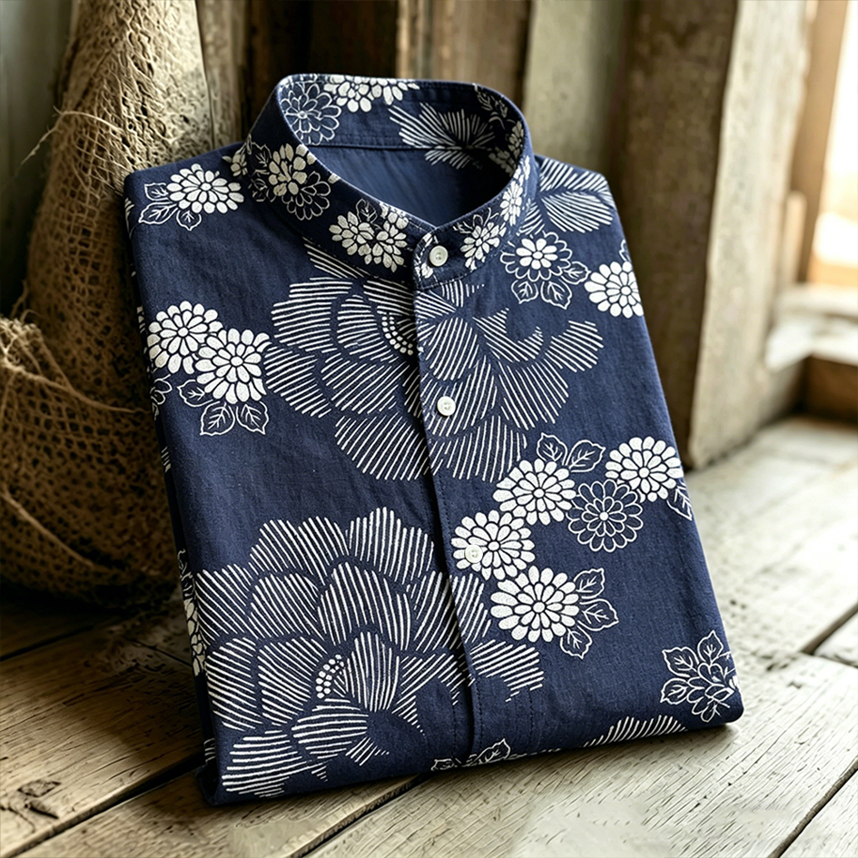 Vintage Floral Pattern Design Casual Linen Shirt