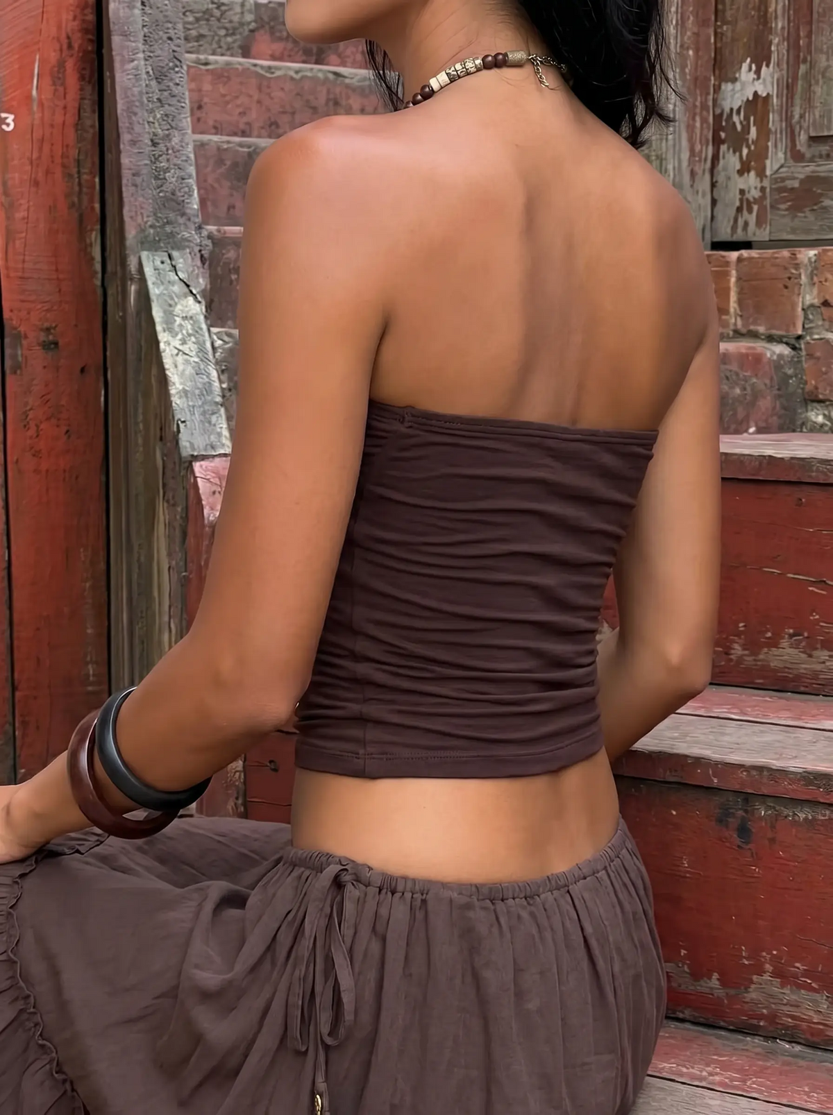 Vintage Ruched Slim-Fit Cropped Tube Top