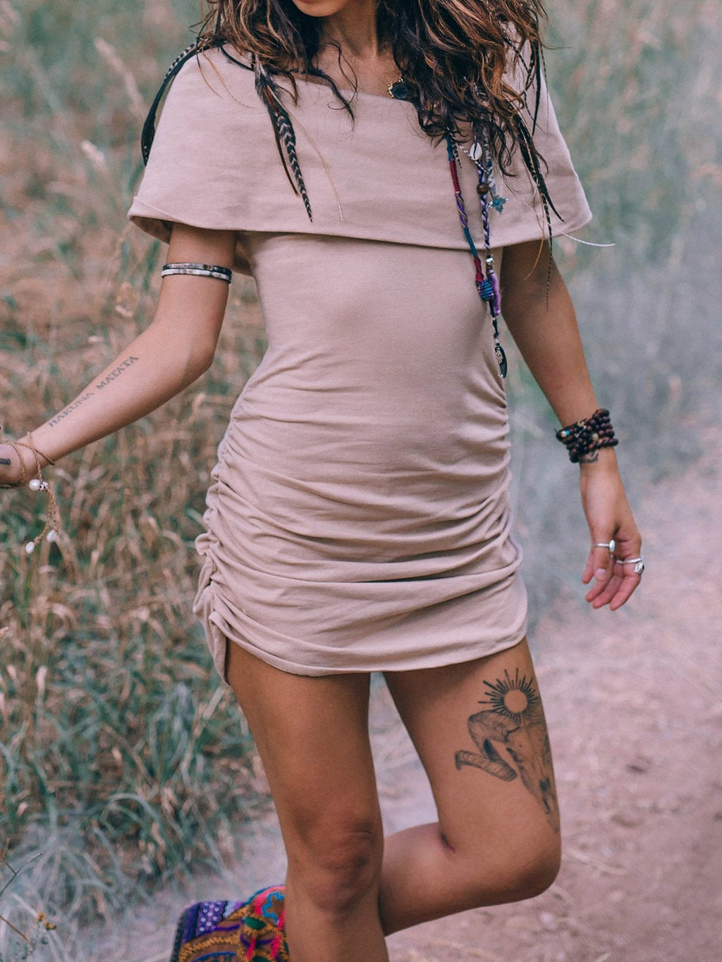 Bohemian Cowl Neck Side Ruched Sleeveless Bodycon Mini Dress