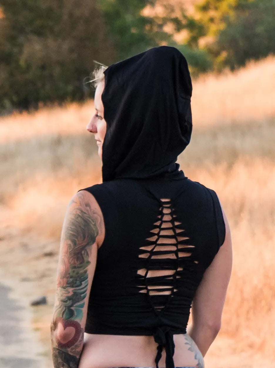 Hooded Wrap Vest: Hoodie Sleeveless Crop Wrap Top