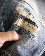 Vintage Frayed Patchwork Distressed Relaxed Tapered Denim Jeans