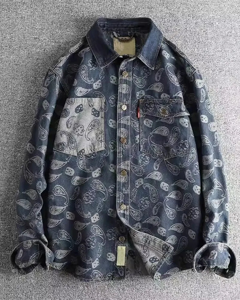 Vintage Paisley Jacquard Washed Denim Long Sleeve Jacket