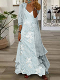 Women's Long Sleeve V-neck Floral Printed Two Pieces Maxi Dress