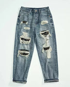 Vintage Ripped Letter©\Print Patch Distressed Straight©\Leg Denim Pants