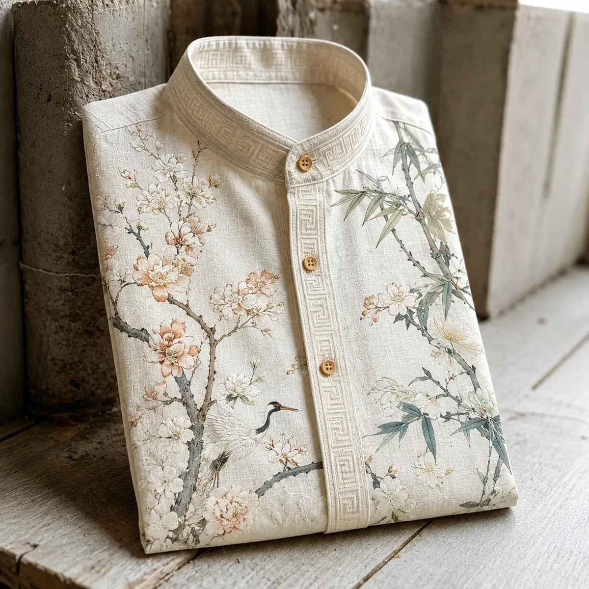 Men's Vintage Crane, Plum Blossom & Bamboo Oriental Style Print Casual Shirt