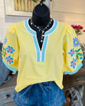 Floral-embroidered Puff-sleeve Top