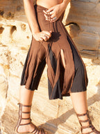Color-Block Patchwork Slit Raw Hem Cropped Wide Leg Pants