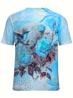 Floral & Bird Print T-shirt, Casual Short Sleeve Crew Neck Top, Women's Clothing