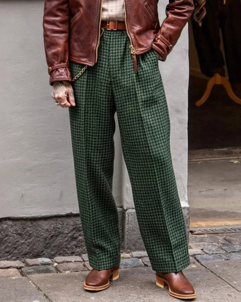 Vintage Green Black Houndstooth Wide©\Leg Trousers
