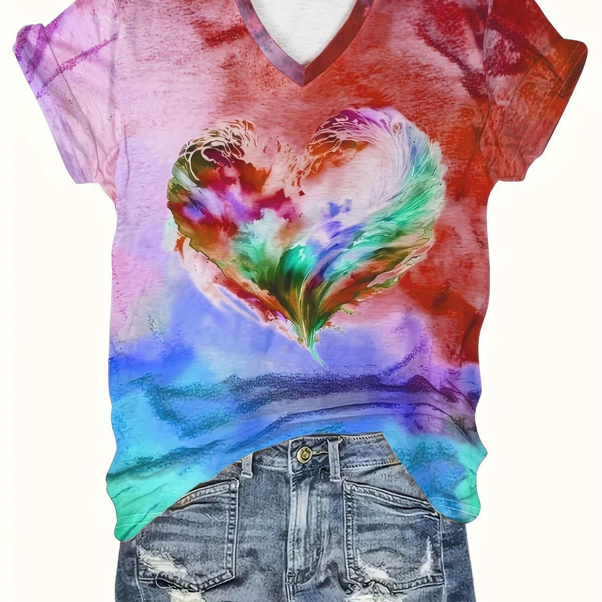Heart Print V Neck T-Shirt, Casual Short Sleeve T-Shirt For Summer, Women's Clothing