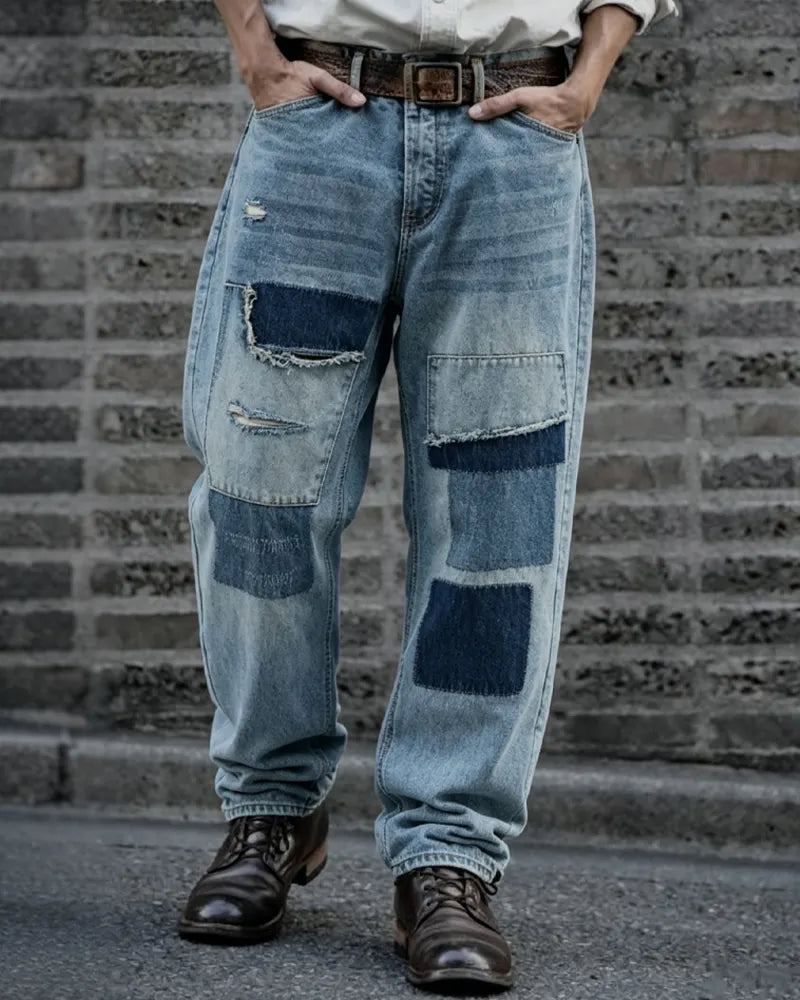 Vintage Faded Patchwork Distressed Loose Work Jeans