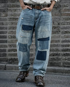 Vintage Faded Patchwork Distressed Loose Work Jeans