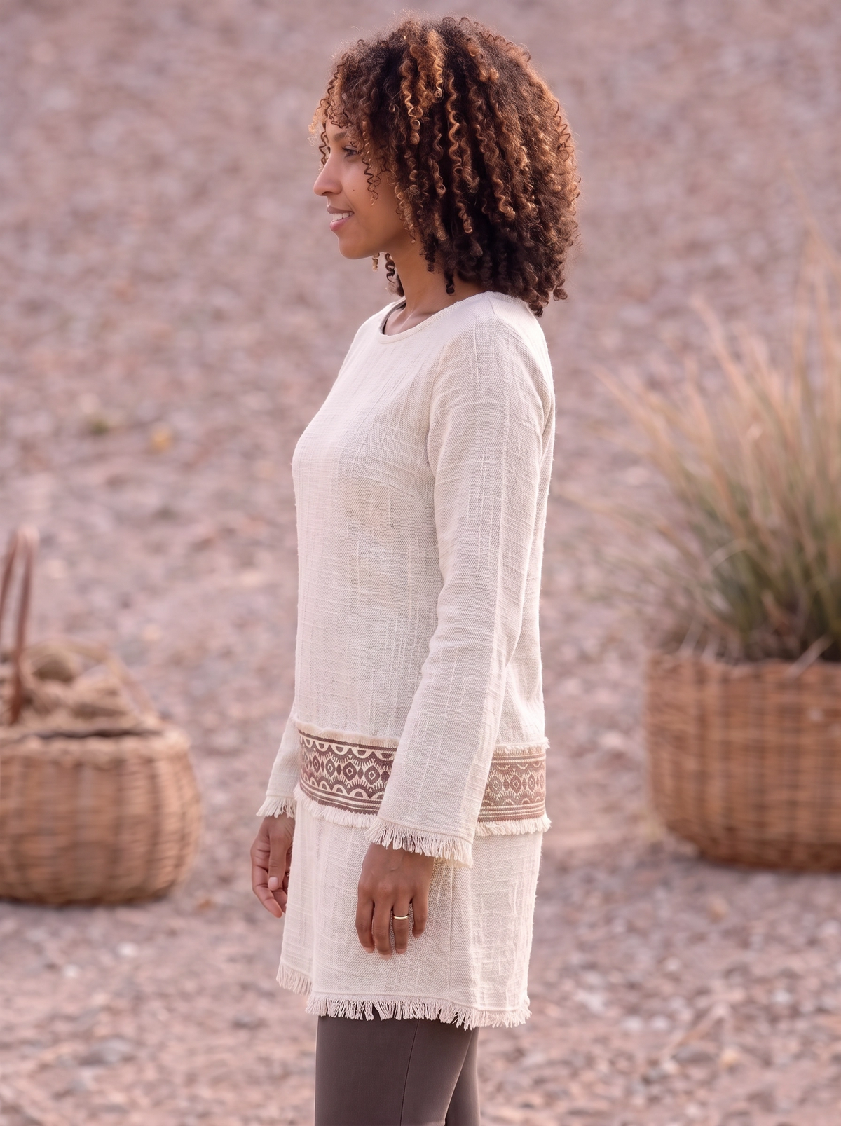 Bohemian Textured Ethnic Ribbon Raw Hem Longline Top