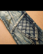 Vintage Faded Blue Gray Diamond Quilted Panel Biker Style Jeans