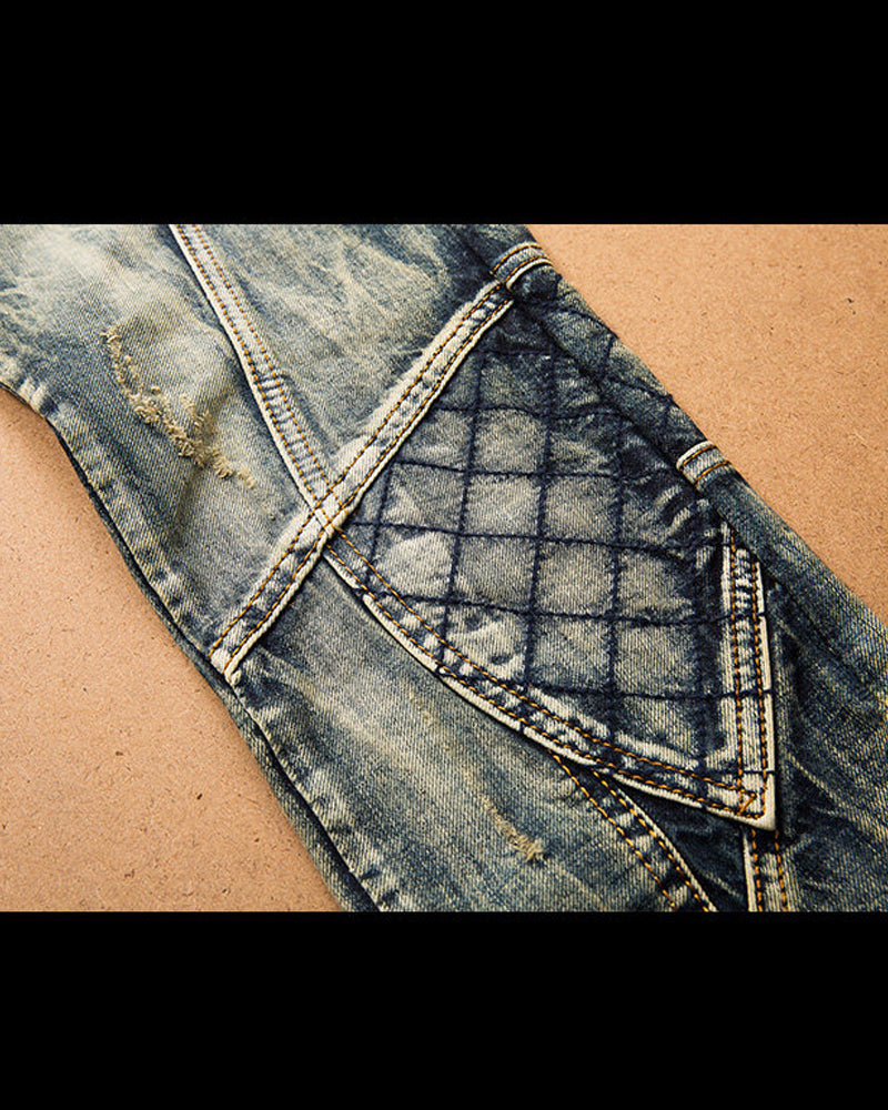 Vintage Faded Blue Gray Diamond Quilted Panel Biker Style Jeans