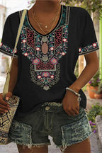 Fashion Pullover V Neck Loose Ethnic Style Printed Short-sleeved T-shirt