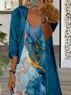 Women's Long Sleeve V-neck Graphic Printed Two Pieces Maxi Dress