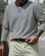 Vintage Nautical Horizontal Stripe X-Stitch Crew Neck Long Sleeve Sailor Tee