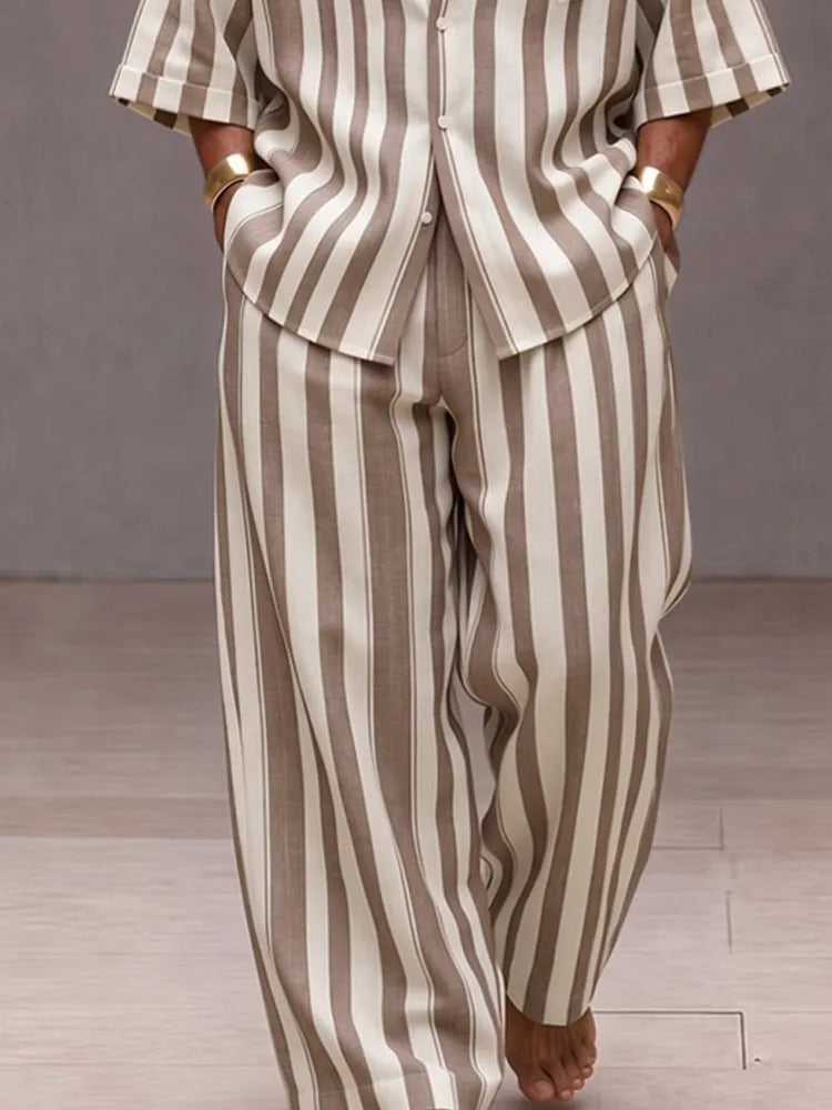 Versatile Loose Fit Wide Striped Shirt Pants Set