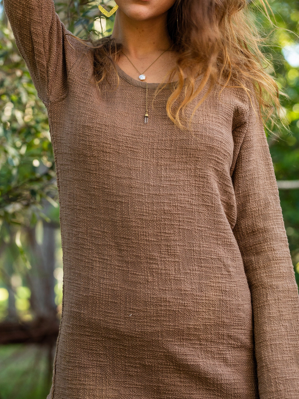 Textured Raw Hem Flared Sleeve Longline Tunic Top