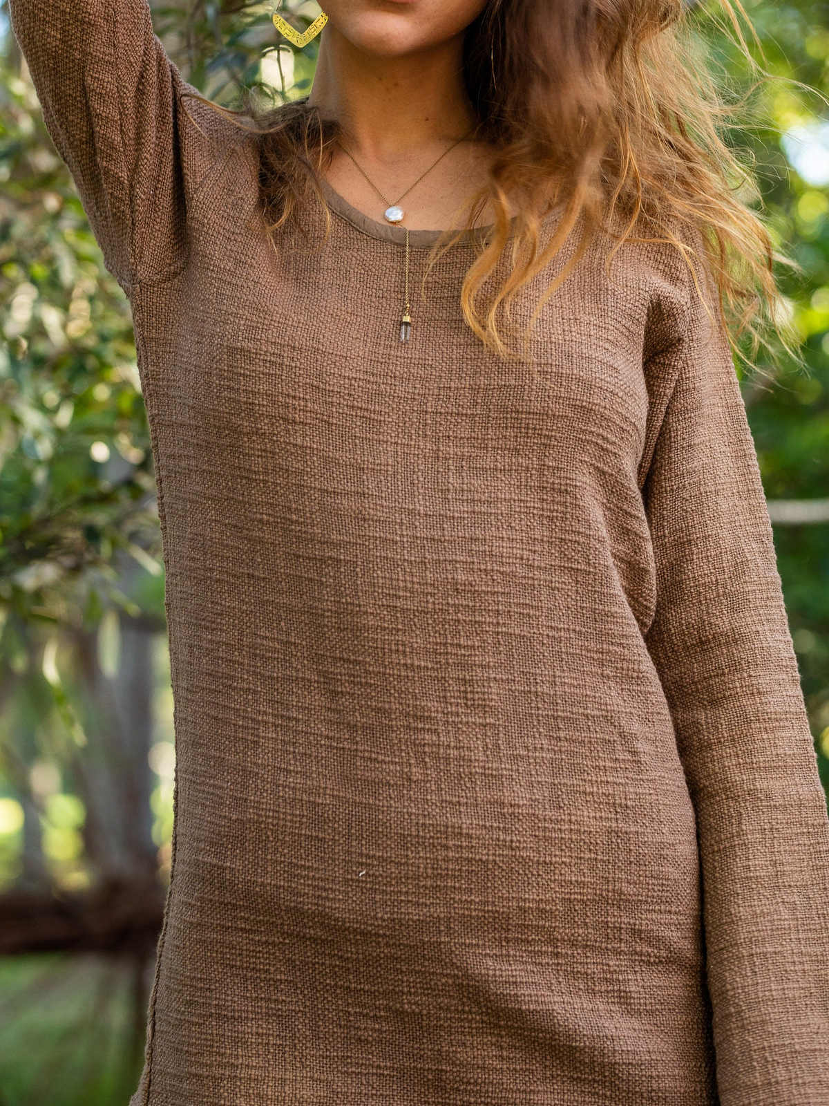 Textured Raw Hem Flared Sleeve Longline Tunic Top