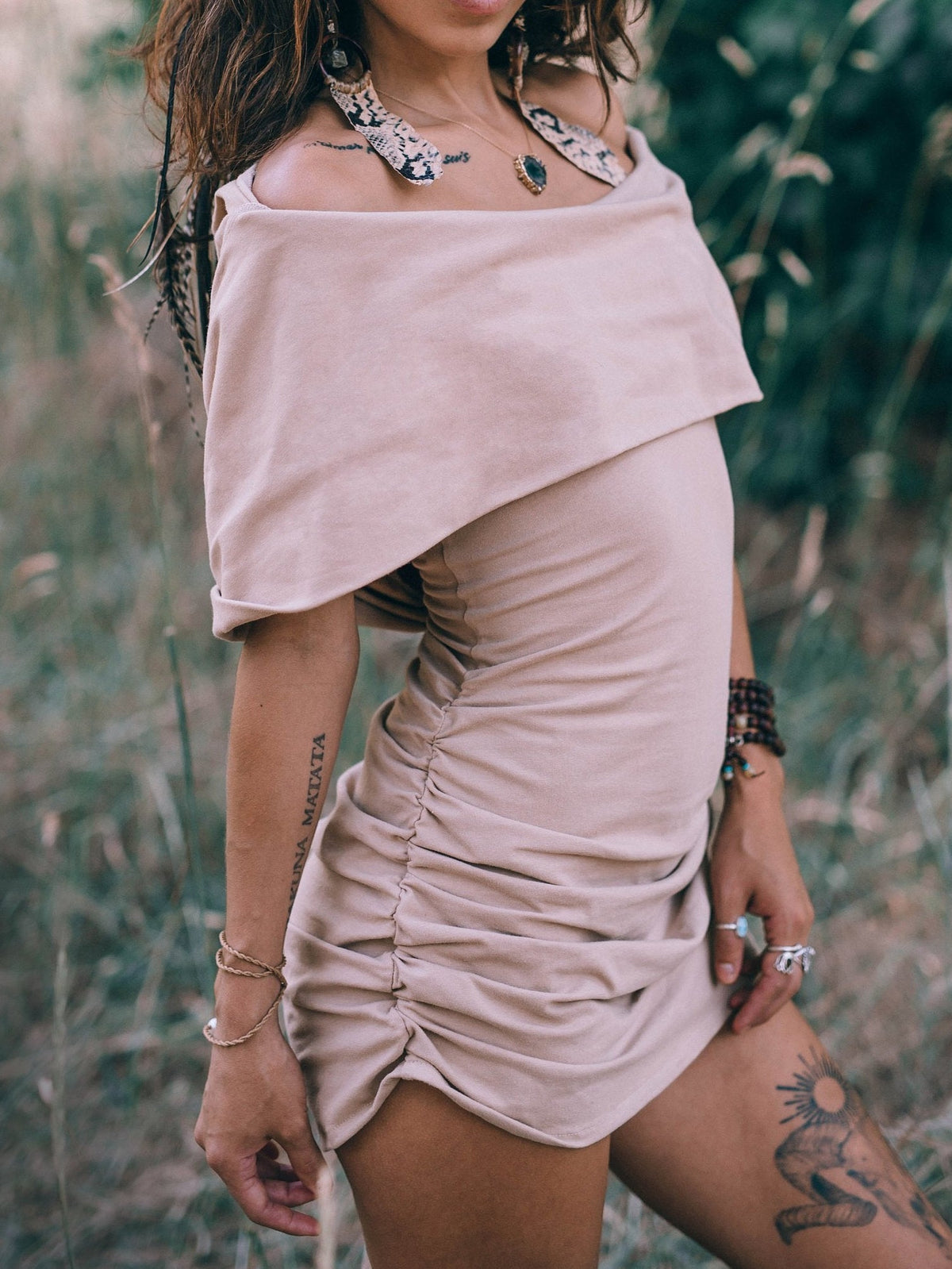 Bohemian Cowl Neck Side Ruched Sleeveless Bodycon Mini Dress