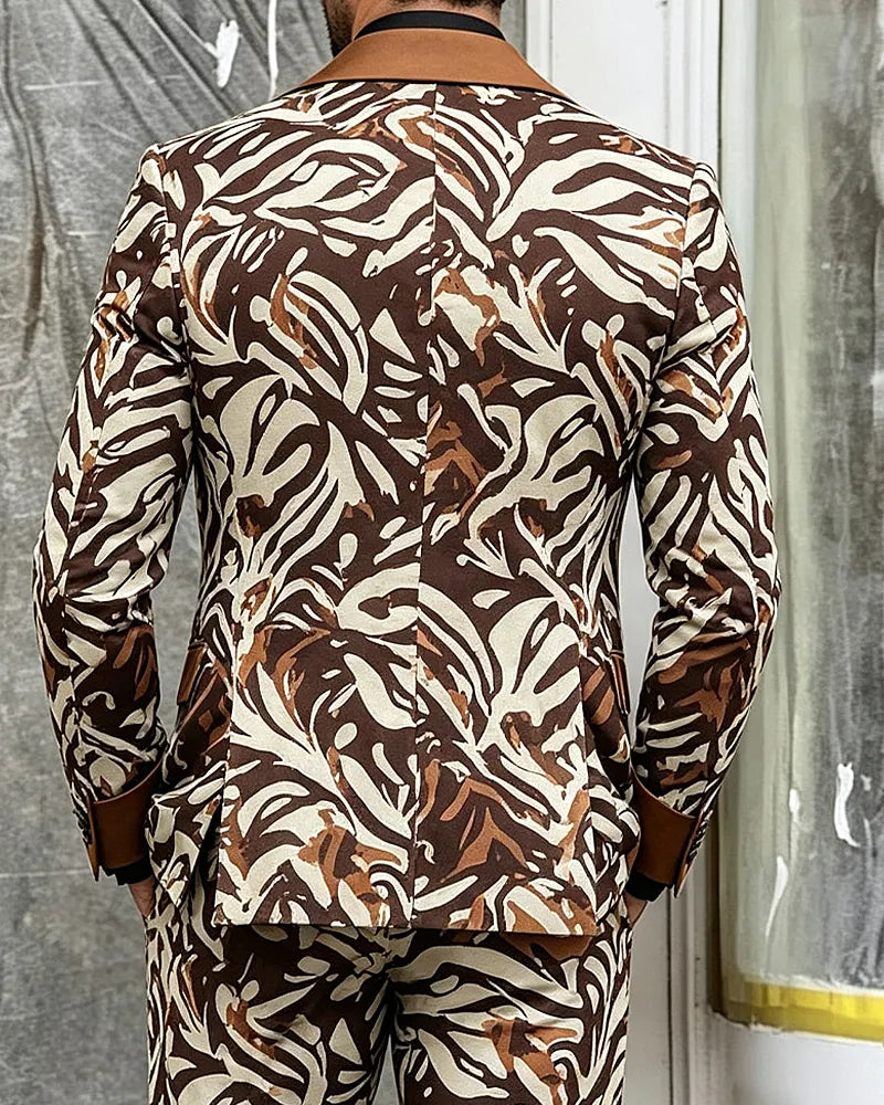 Retro Caramel Brown Zebra Print Single-breasted 2-piece Suit
