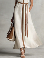Sleeveless V-Neck Tie-Waist Cotton Linen Maxi Dress