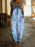 Women's Retro Floral Color-Blocked Art Print Washed Cotton Denim Patchwork Jumpsuit
