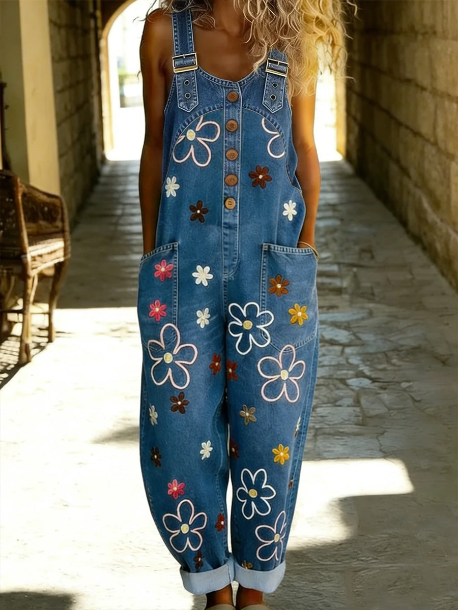 Women's Retro Floral Color-Blocked Art Print Washed Cotton Denim Patchwork Jumpsuit
