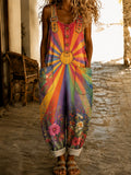 Women's Retro Pride Month Rainbow Art Print Washed Cotton Denim Patchwork Jumpsuit